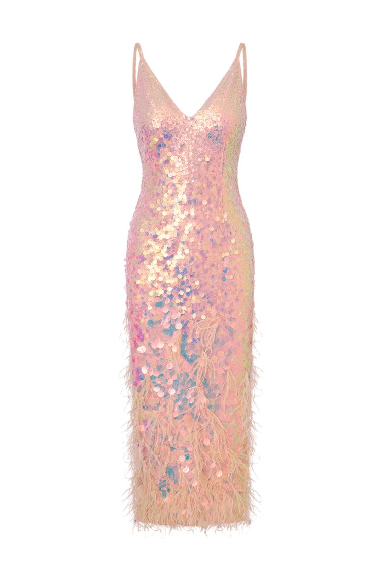 Miriana Iridescent Midi Dress With Feathers Product Image
