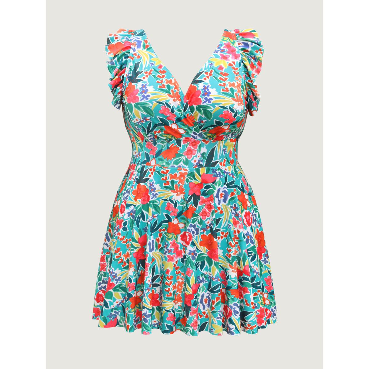 Plus Size Anti-Float Tie Ruffled Floral Swim Dress Women's Swimwear Malachitegreen Resort Bodycon Overlap Collar High stretch Curve Swim Dresses BloomChic 18-20/2X Product Image