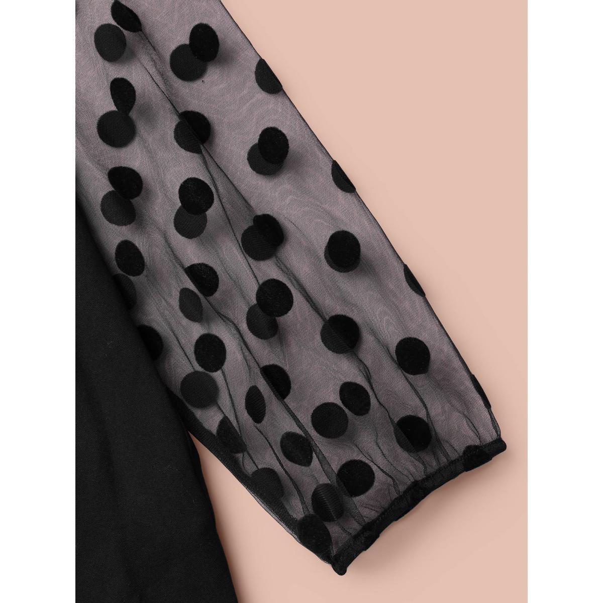 Plus Size Black Polka Dot Sheer Mesh Sleeve Spliced Blouse Women Elegant Long Sleeve Round Neck Everyday Blouses BloomChic 10/M Product Image
