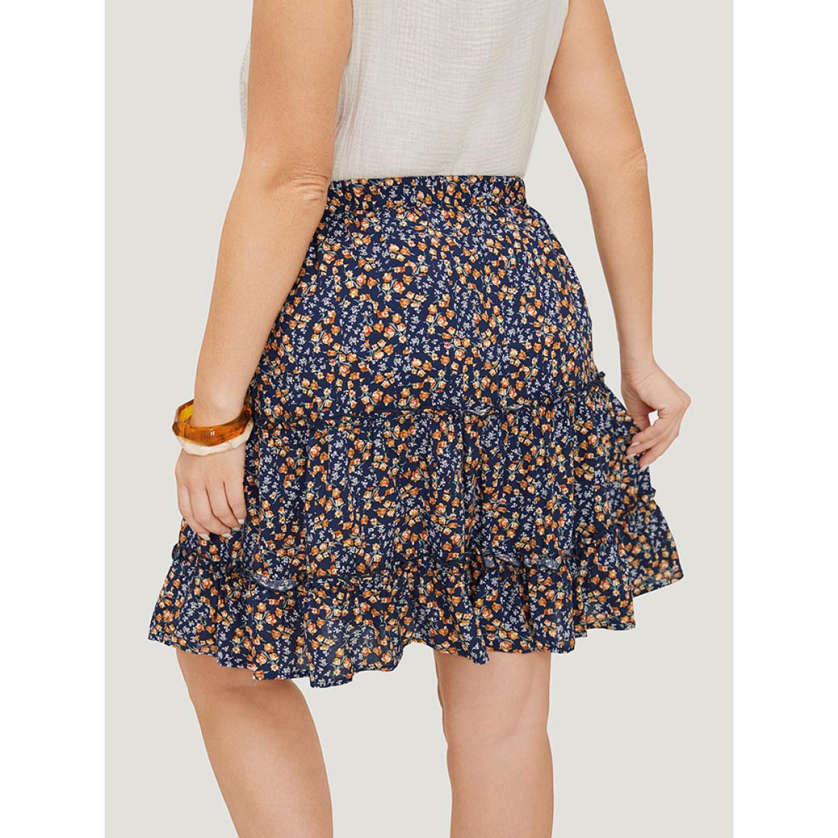 Plus Size Ditsy Floral Ruffle Hem Pocket Frill Trim Skirt Women Indigo Elegant Printed No stretch Dailywear Skirts BloomChic 26/4X Product Image