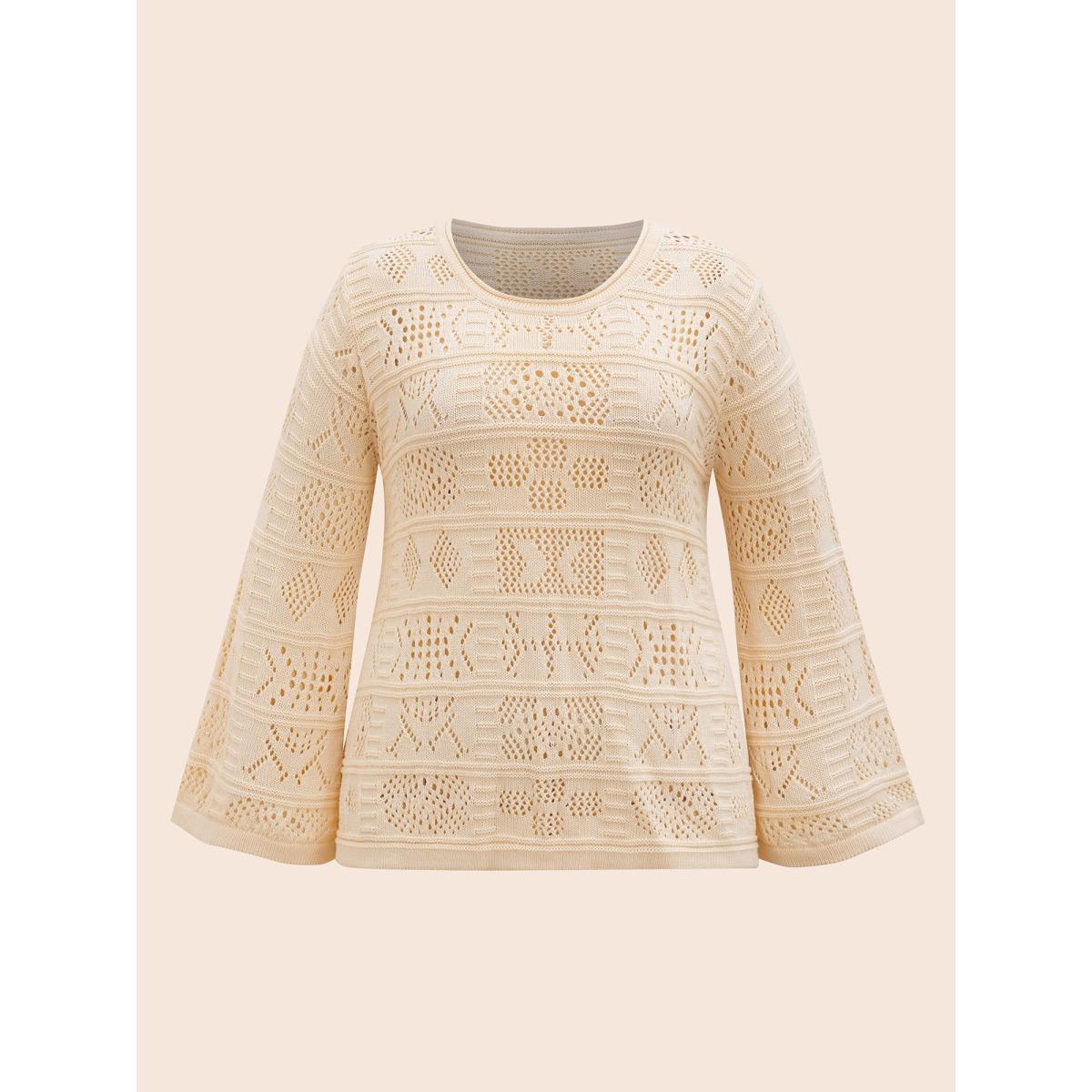 Plus Size Cotton Texture Cut Out Bell Sleeve Pullover Apricot Women Leisure Long Sleeve Round Neck Casual Pullovers BloomChic 30/6X Product Image