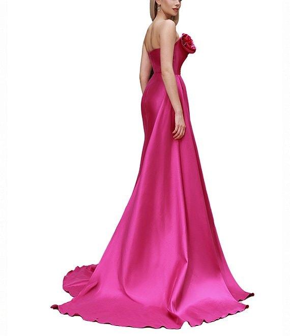 Terani Couture 3D Floral Strapless Stretch Mikado Drape Front Sheath Gown Product Image