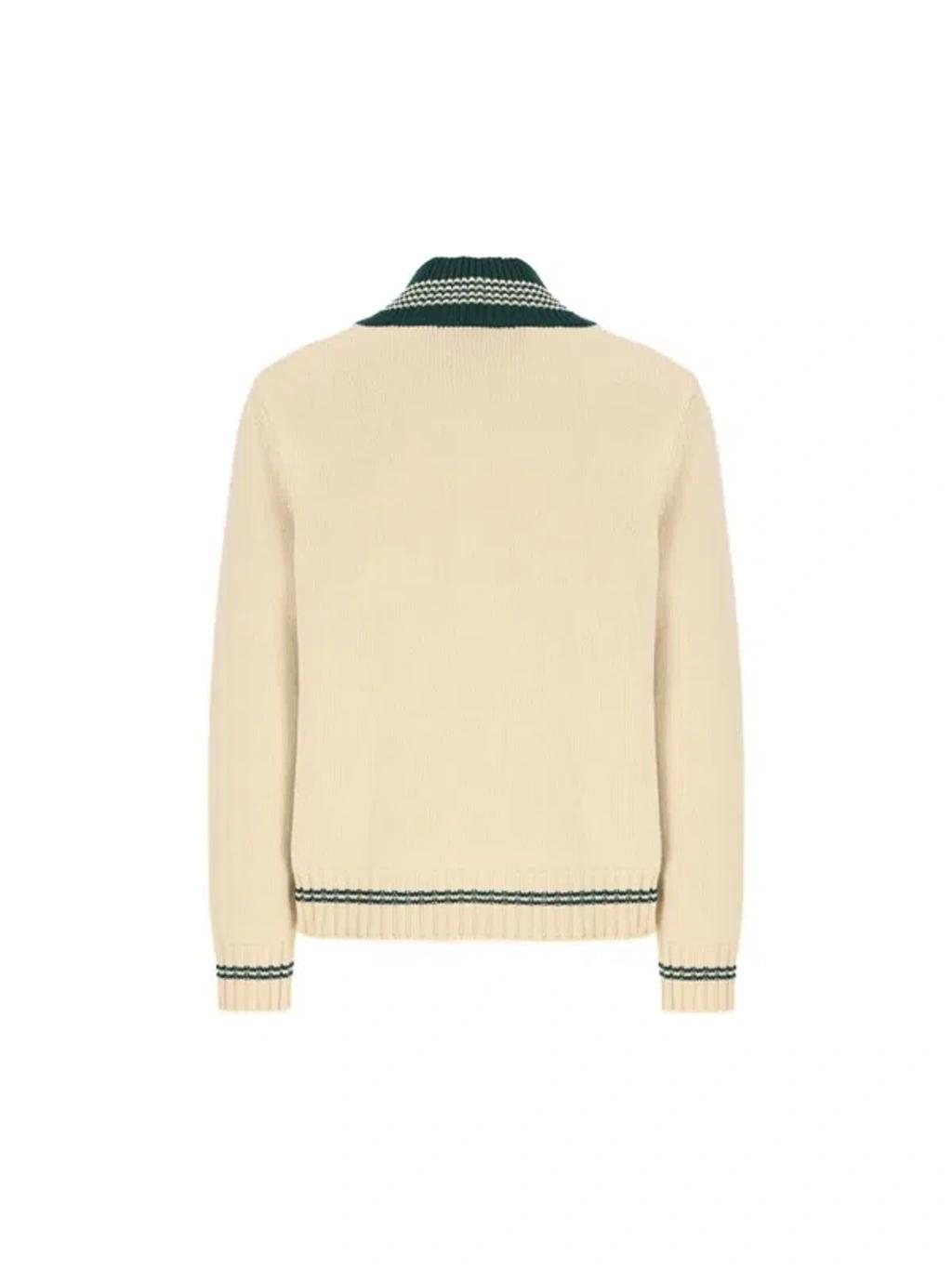 VALENTINO Embroidered V-neck Crewneck Sweater With Ribbed Trim In White Product Image