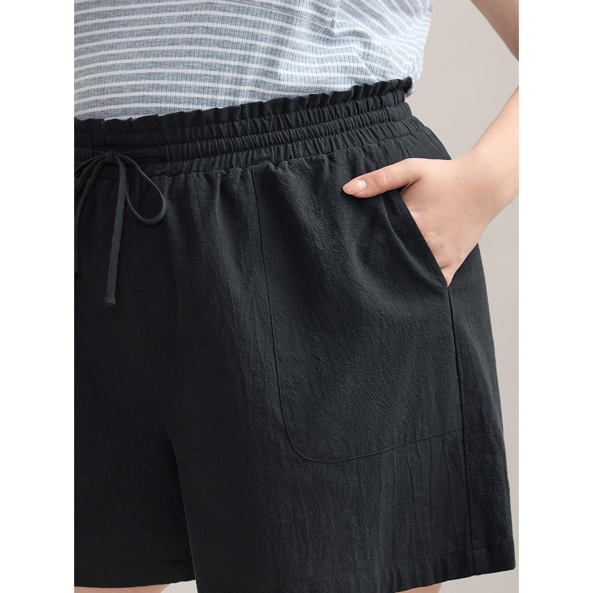 Plus Size Drawstring Waist Pockets Straight-Leg Shorts Women Black Casual Drawstring Straight Leg Casual Shorts BloomChic 22-24/3X Product Image