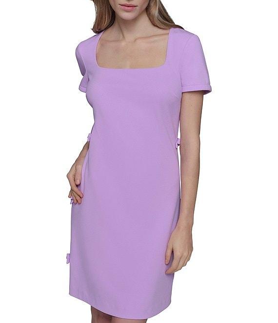 KARL LAGERFELD PARIS Scuba Crepe Square Neck Short Sleeve Bow Sheath Mini Dress Product Image