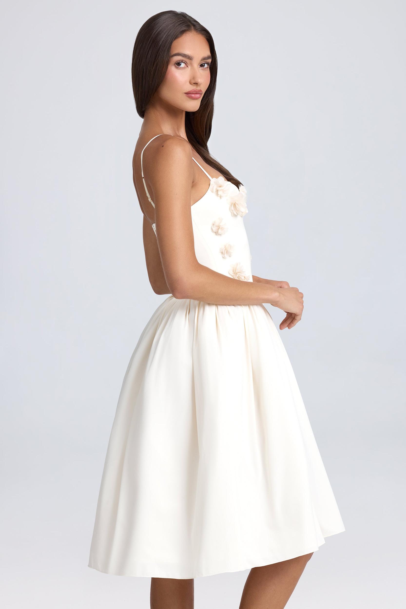 Floral-Appliqué Midi Dress in Ivory Product Image