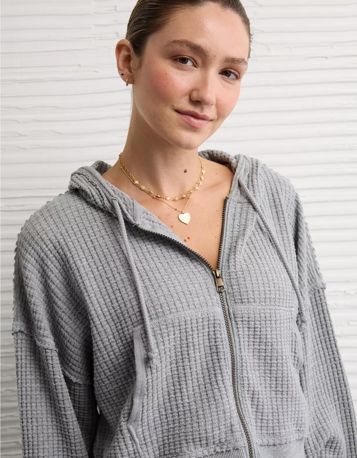 AE Cropped Waffle Zip-Up Hoodie Product Image