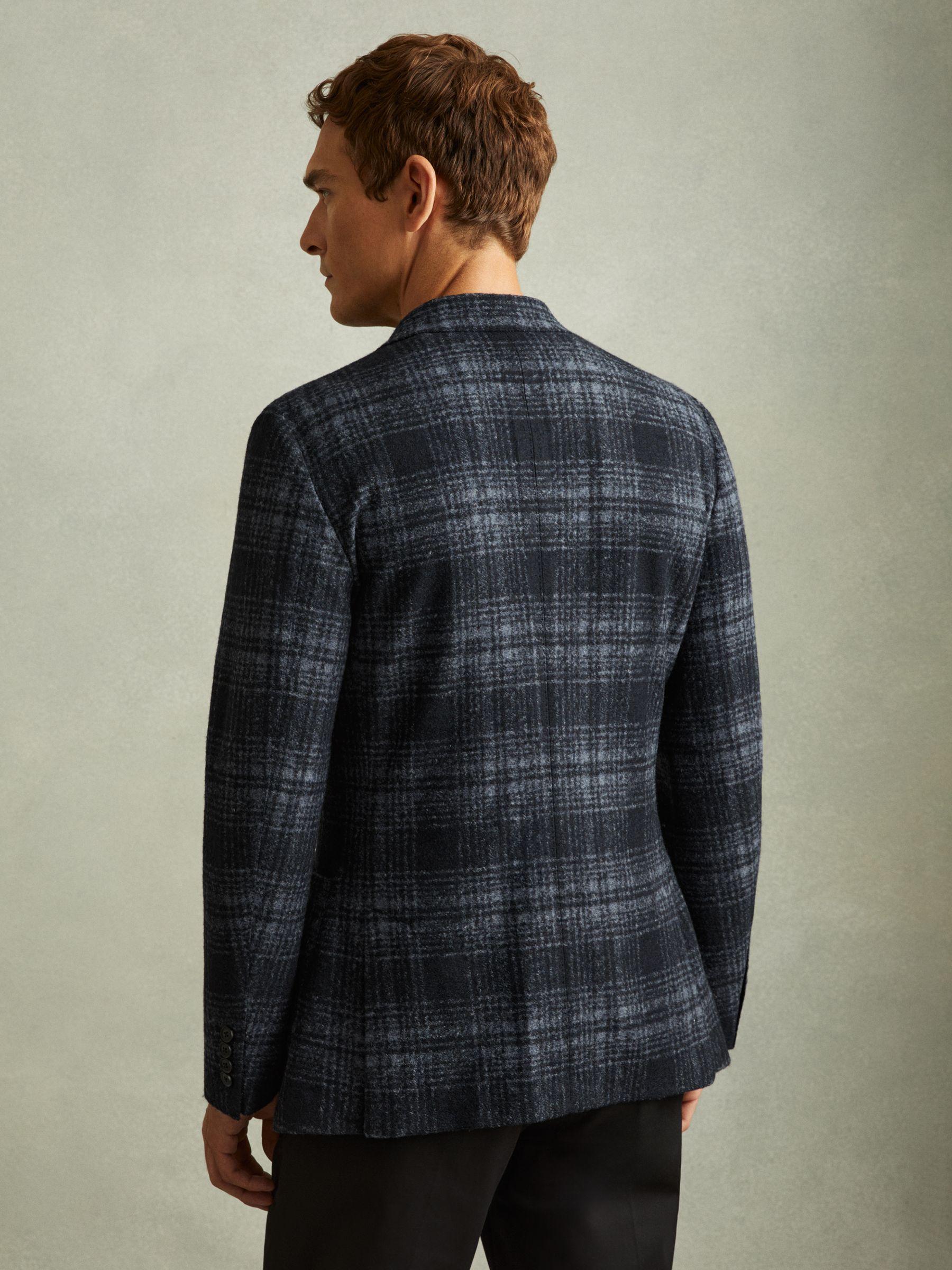 Single Breasted Checked Blazer with Wool in Navy Product Image