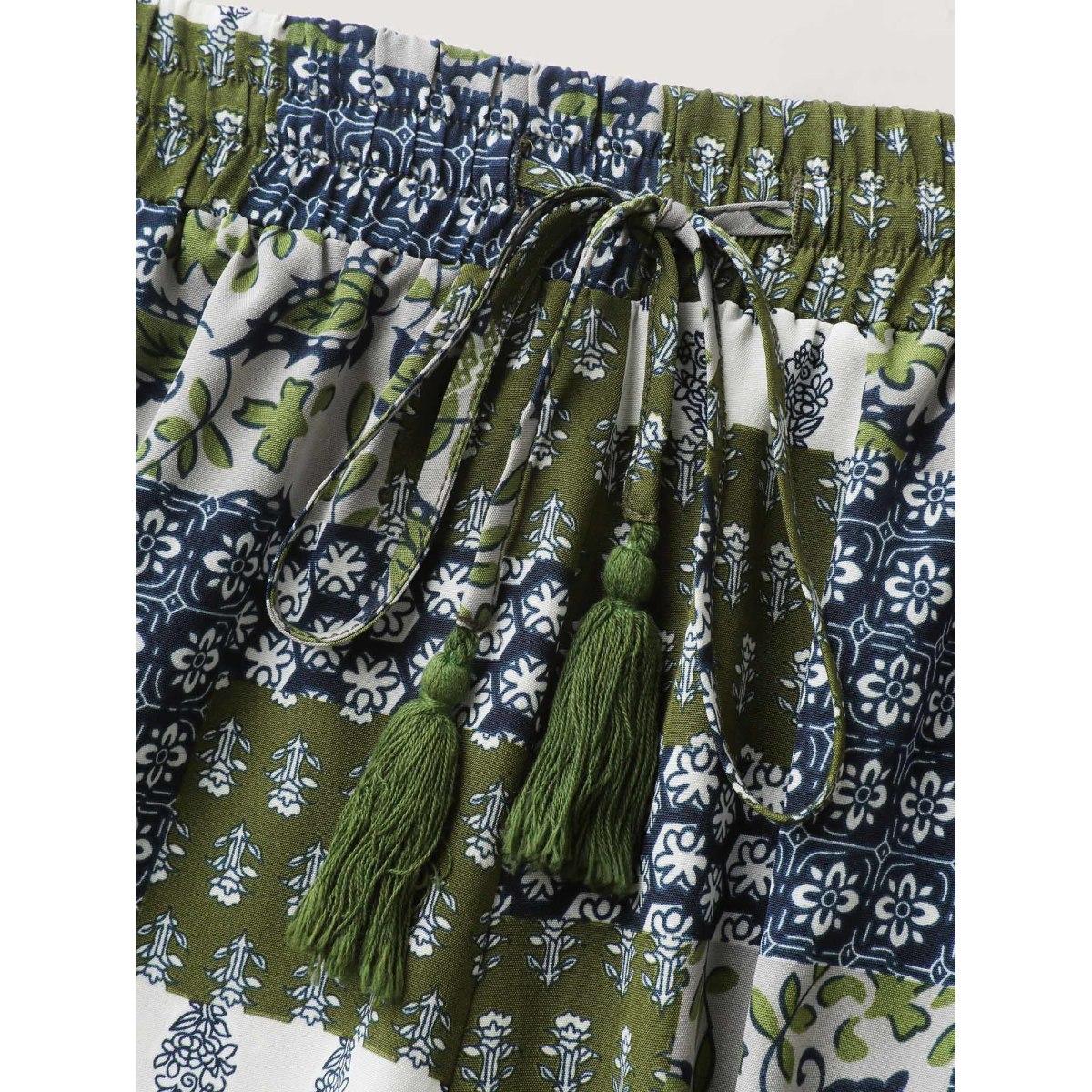 Plus Size Floral Collage Drawstring Wide-Leg Pants Women Moss Boho Loose Mid Rise Vacation Pants BloomChic 22-24/3X Product Image