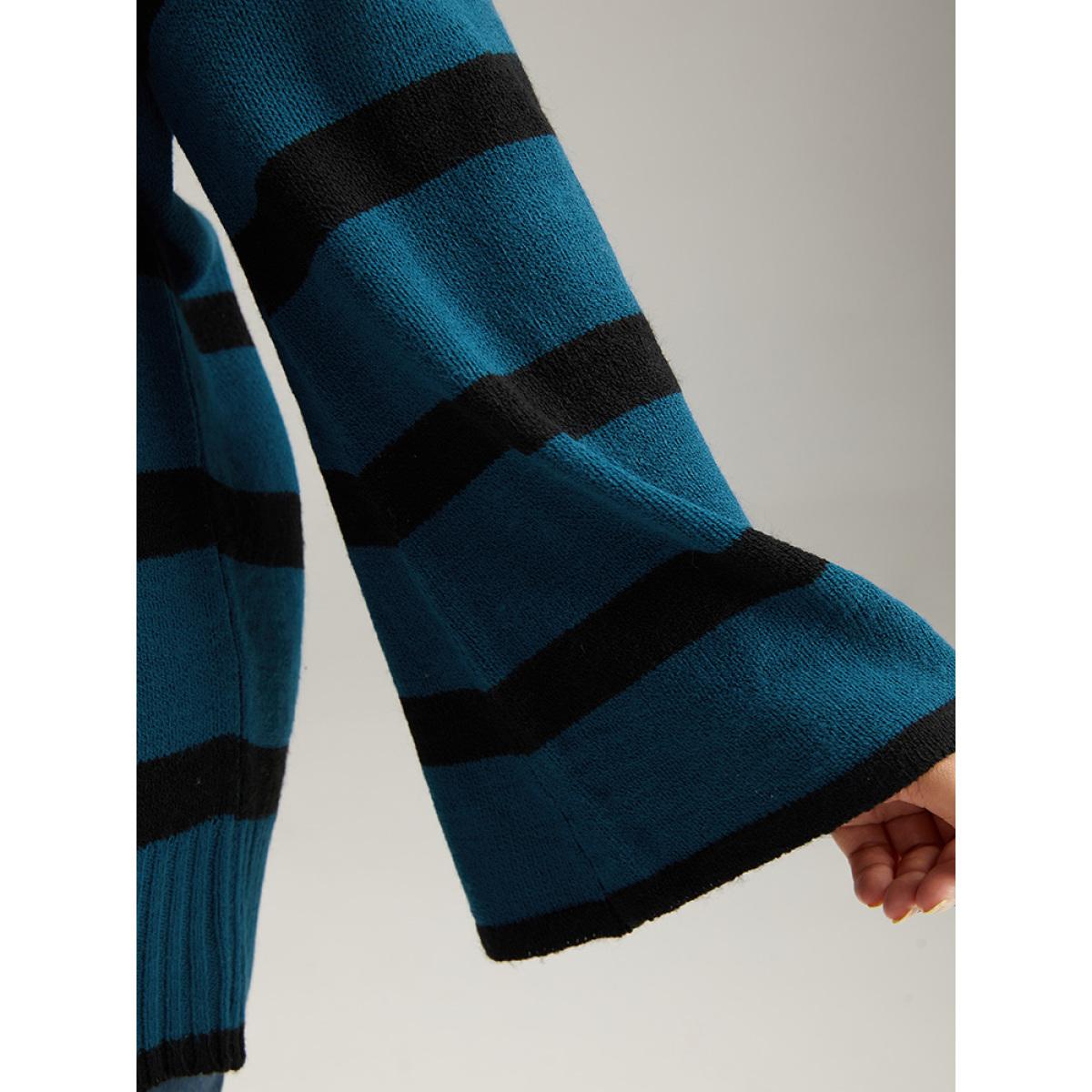Plus Size Striped Bell Sleeve Moderately Stretchy Pullover Cerulean Women Casual Loose Long Sleeve V-neck Dailywear Pullovers BloomChic 18-20/2X Product Image