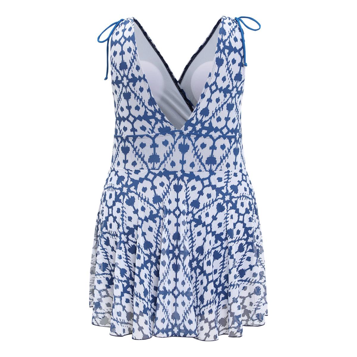 Plus Size Moroccan Print Knot Detail Ruffle Hem Wrap Swim Dress Women's Swimwear Cerulean Vacation Bodycon V-neck High stretch Curve Swim Dresses BloomChic 14-16/1X Product Image