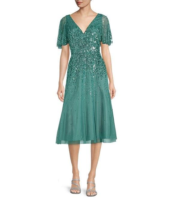 Aidan Mattox Beaded V-Neck Short Sleeve A-Line Midi Dress Product Image