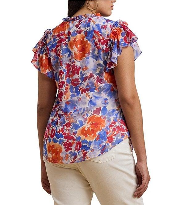 Lauren Ralph Lauren Plus Size Georgette Floral Ruffle Trim V-Neck Flutter Sleeve Blouse Product Image