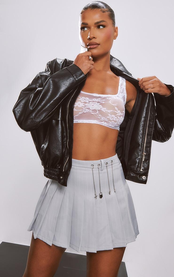 Grey Pinstripe Pleated Metal Trim Mini Skirt Product Image