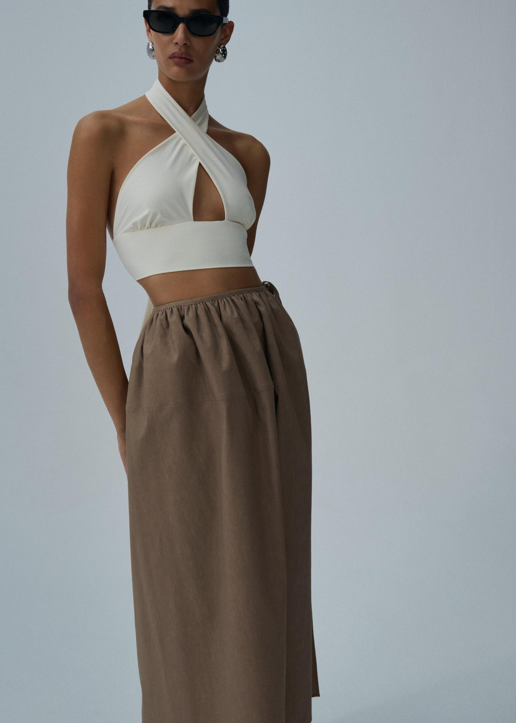 Tie waist balloon skirt in beige Product Image