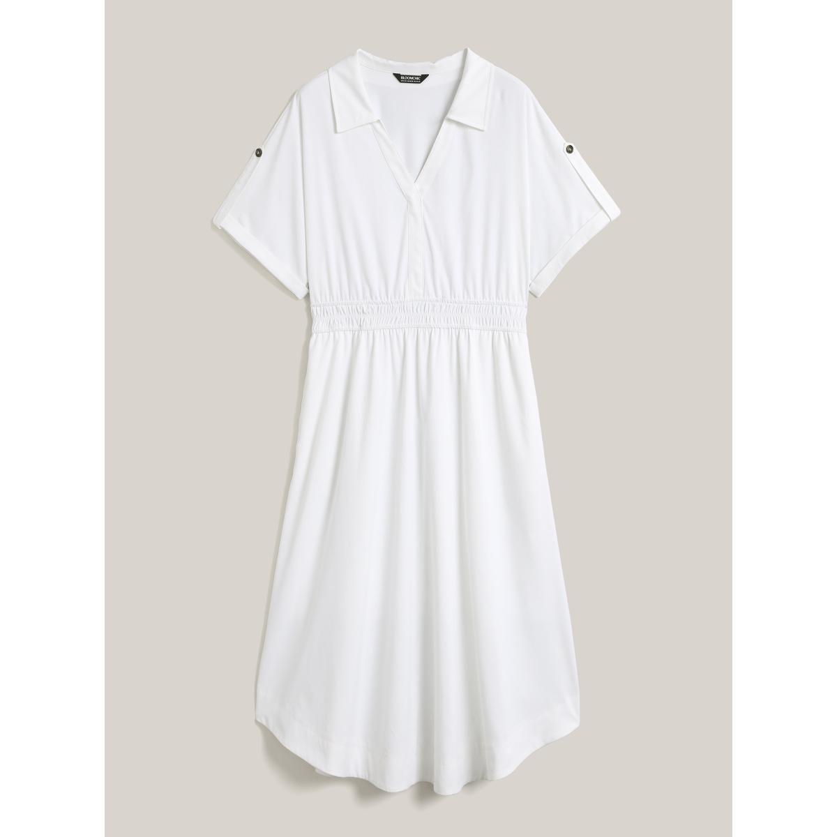 Plus Size Woven Shirred Waist Solid Collar Midi Dress Originalwhite Women Shirt collar Short sleeve Curvy BloomChic 18-20/2X Product Image
