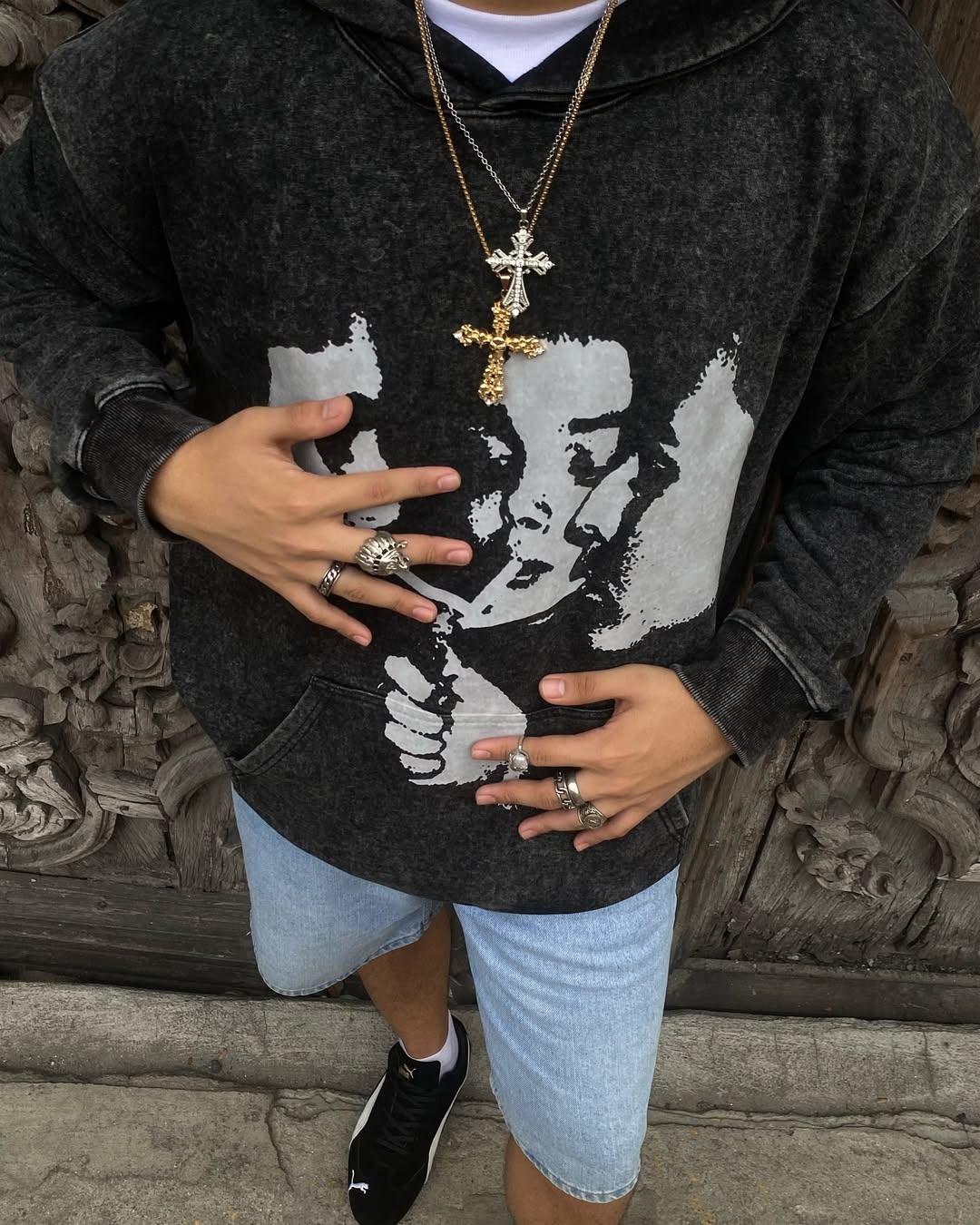 Sopula Vintage Siyah Punk Gothic Graphic Acid Washed Oversized Hoodie Product Image