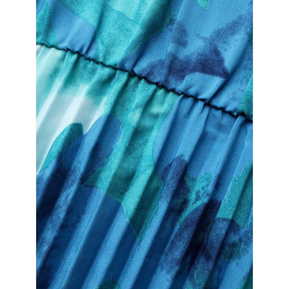 Plus Size Watercolor Floral Pleated Belted Dress DarkBlue Women Elegant Belted V-neck Long Sleeve Curvy BloomChic 22-24/3X Product Image