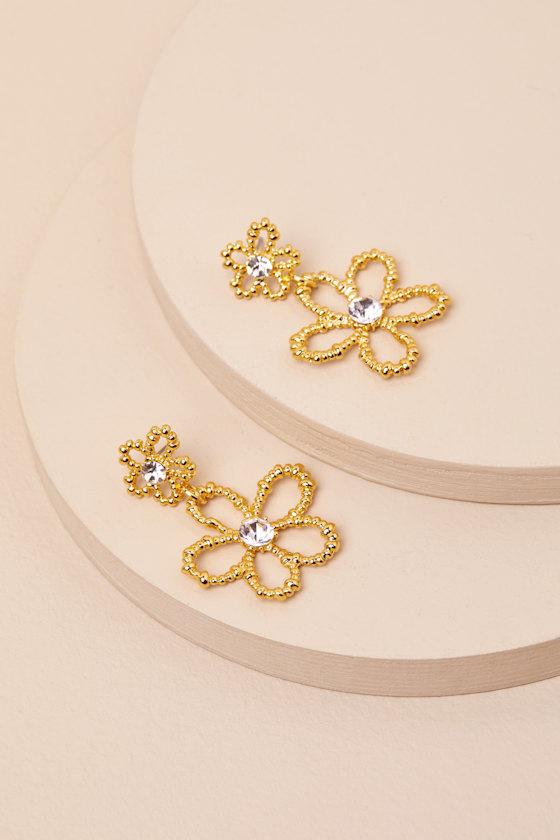 Laverna Gold Beaded Rhinestone Flower Earrings Product Image