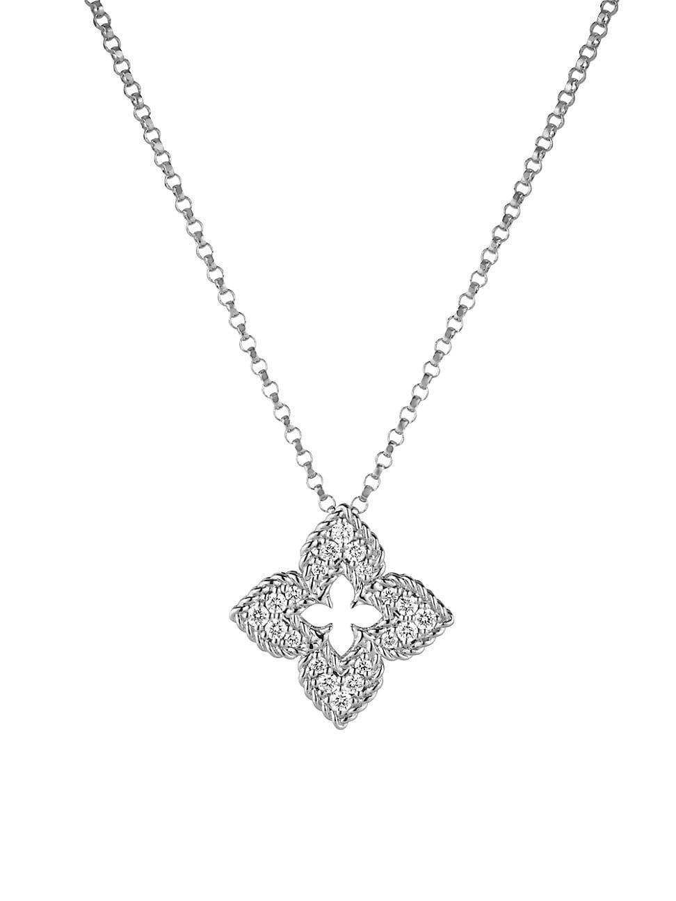 Womens 18Kt White Gold & Pave Diamond Petite Venetian Small Flower Necklace Product Image