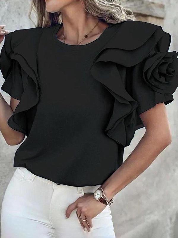 Loose Ruffle Sleeves Ruffled Solid Color Three-Dimensional Flower Round-Neck T-Shirts Tops Product Image