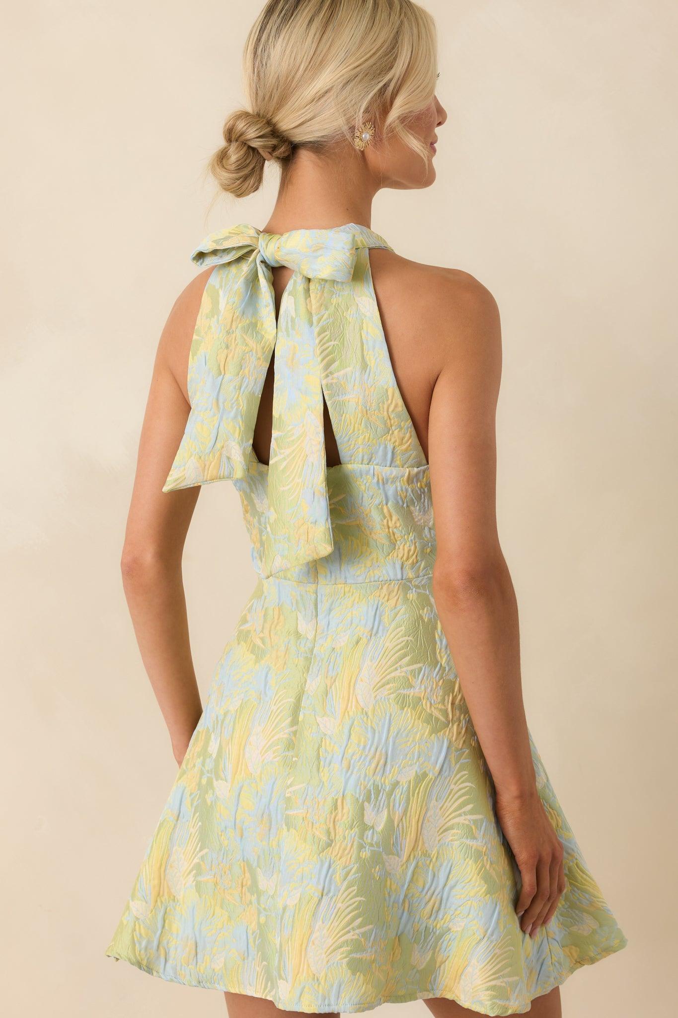 Always Ready Light Green Floral Print Jacquard Halter Mini Dress Product Image