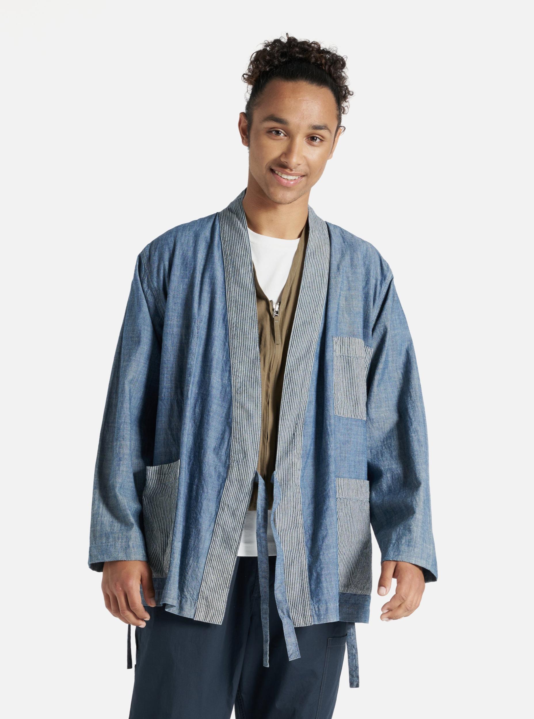 Universal Works Patched Kyoto Work Jacket in Indigo Chambray/Hickory Stripe Denim Product Image