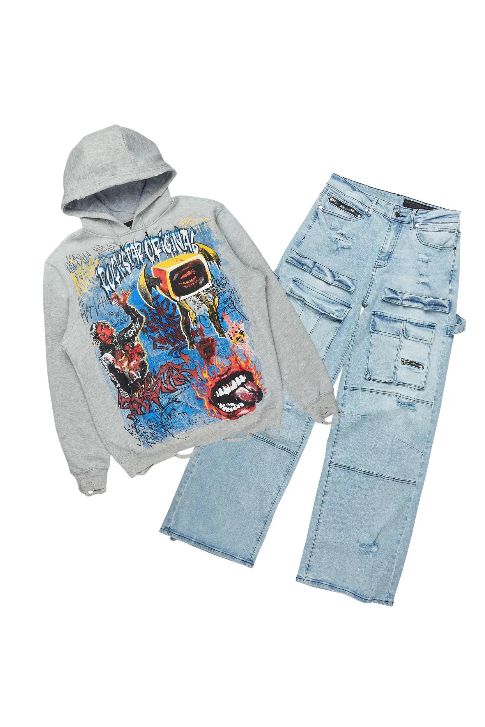 Yooz Heather Grey Hoodie & Deco Stacked Flare PU Jean Bundle Male Product Image
