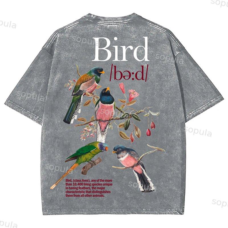 Bird Print Graphic Vintage Acid Wash Cotton T-Shirt Product Image