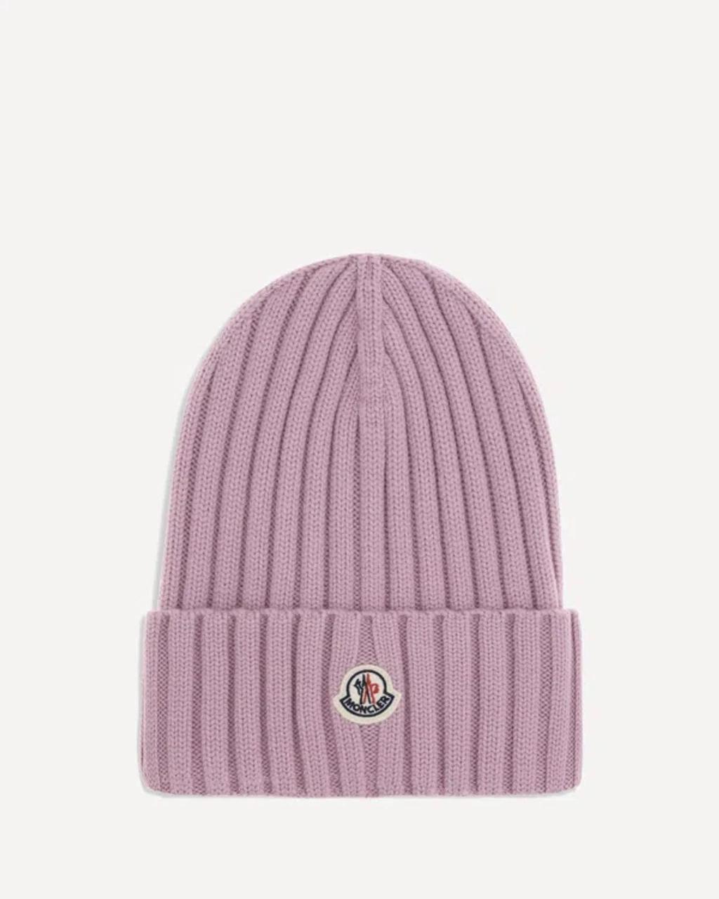 MONCLER Logo Patch Rib Wool Beanie In Purple Product Image