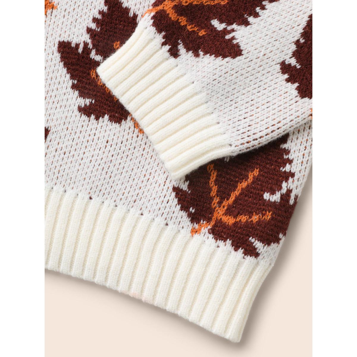 Plus Size Leaves Jacquard Drop Shoulder Sleeve Pullover Ivory Women Casual Long Sleeve Round Neck Everyday Pullovers BloomChic 10/M Product Image