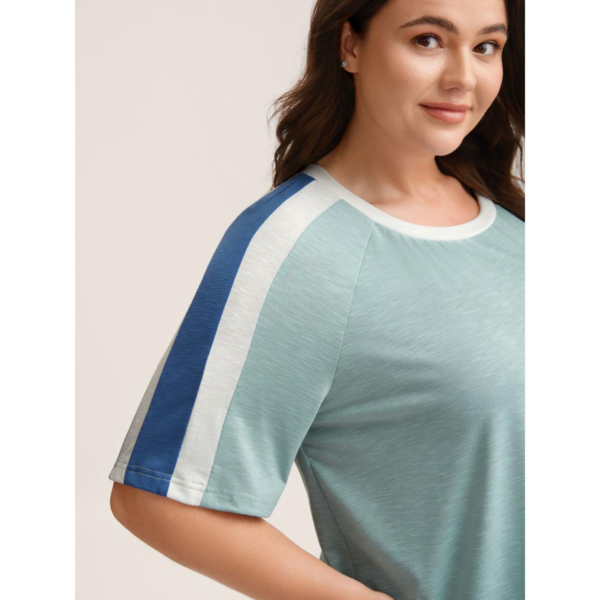 Plus Size Color Block Shoulder Flowy T-Shirt Mint Women Leisure Contrast Round Neck Casual T-shirts BloomChic 18-20/2X Product Image