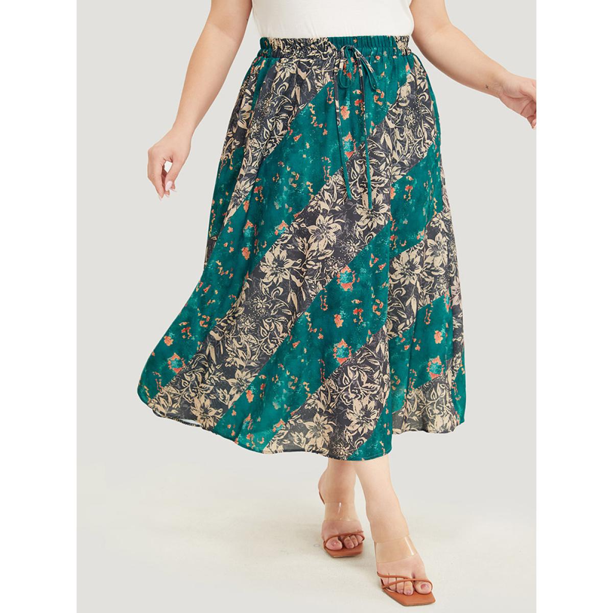 Plus Size Floral Contrast Pocket Knot Front Skirt Women Multicolor Elegant Contrast No stretch Pocket Dailywear Skirts BloomChic 12/L Product Image