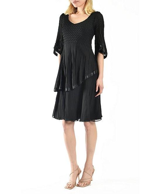 Komarov Chiffon Charmeuse Accordion Pleated V-Neck Elbow Sleeve Asymmetrical Tiered Dress Product Image