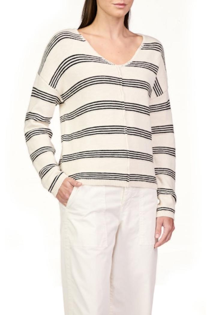 Easy V Neck Sweater - Light Oat / Black Stripe Product Image