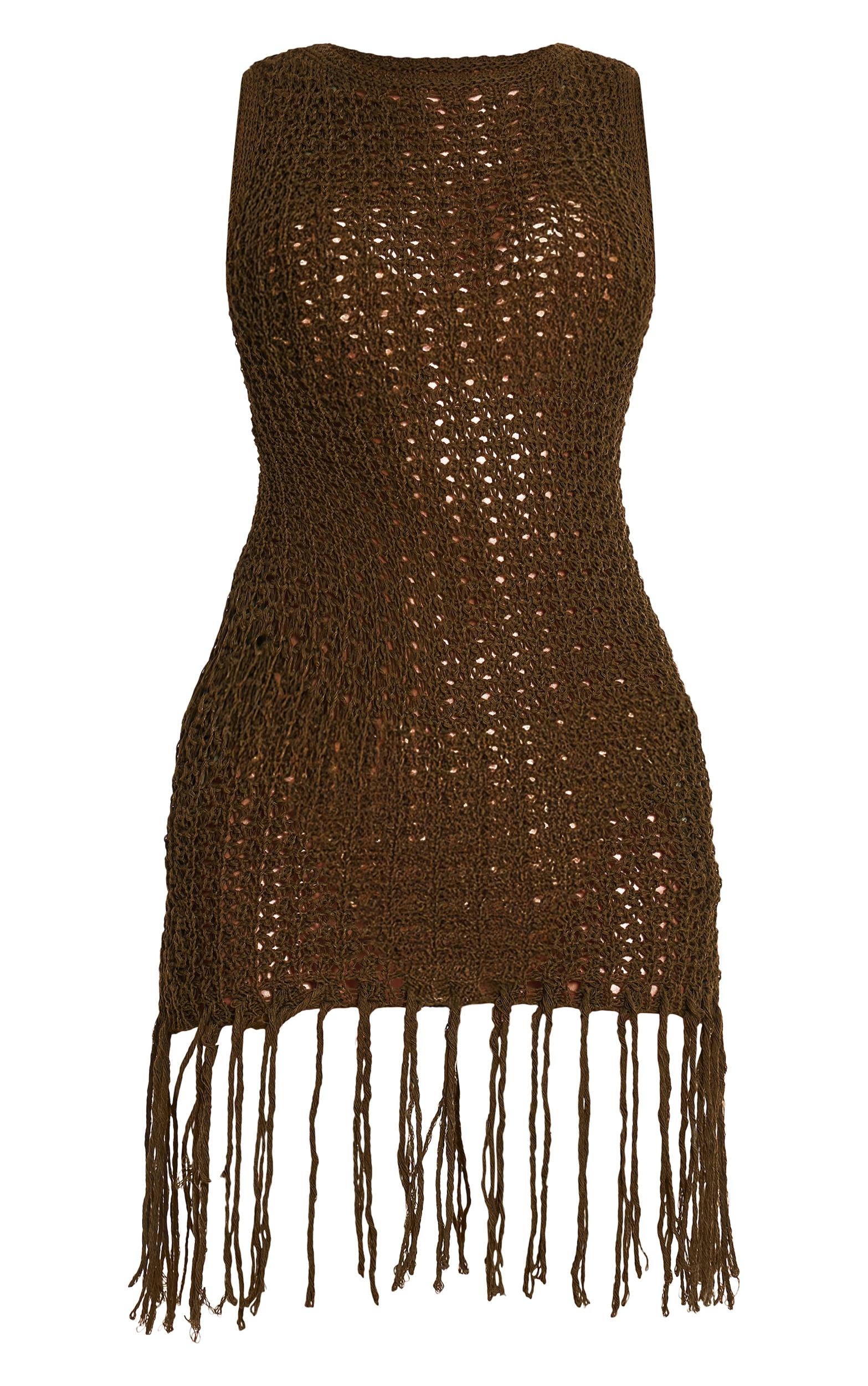  Olive Crochet Boat Neck Tassel Mini Dress Product Image