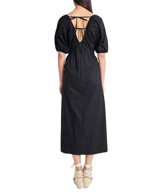 The Good Journey Double V Neck Puff Sleeve Tie Back Aline Cotton Poplin Midi Dress Product Image