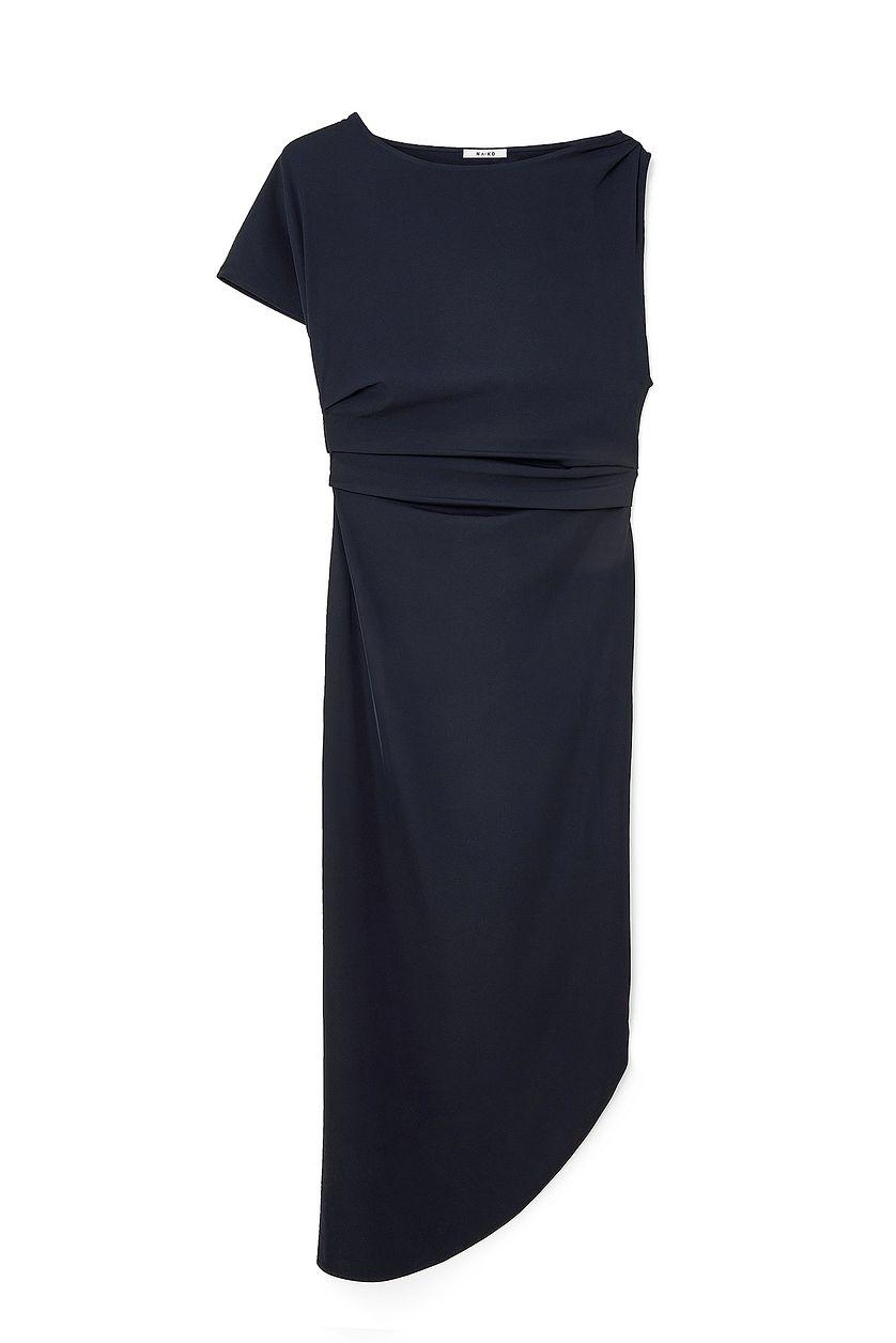 Woven One Sleeve Draped Detail Asymmetric Dress Product Image
