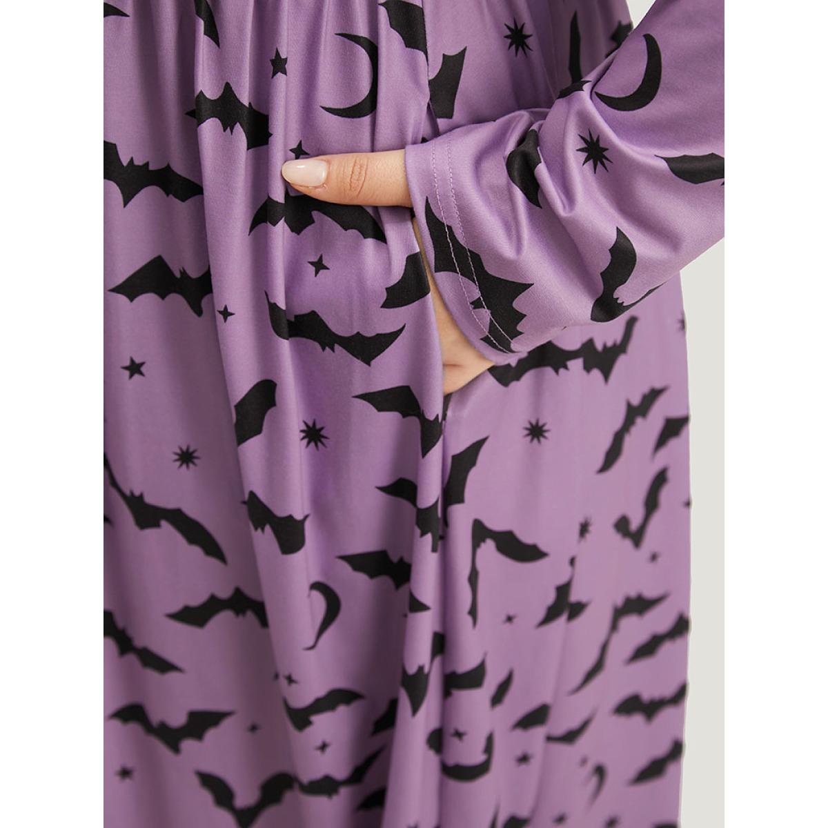 Plus Size Halloween Bat Print Pocket Square Neck Dress Mauve Women Casual Gathered Square Neck Long Sleeve Curvy Midi Dress BloomChic 26/4X Product Image