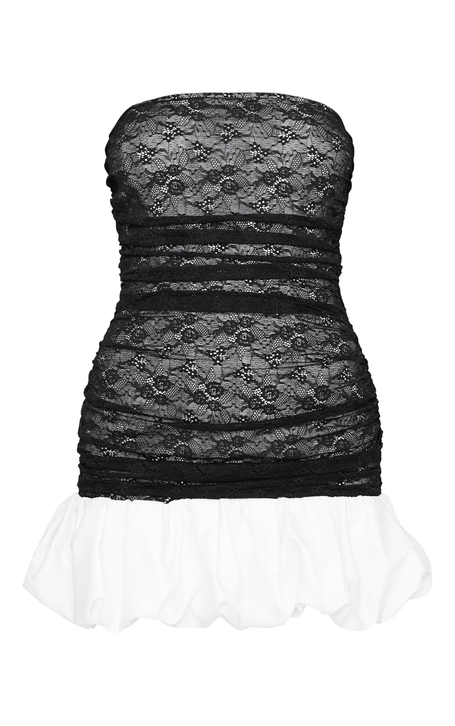 Black Lace Bandeau Puff Hem Mini Dress Product Image