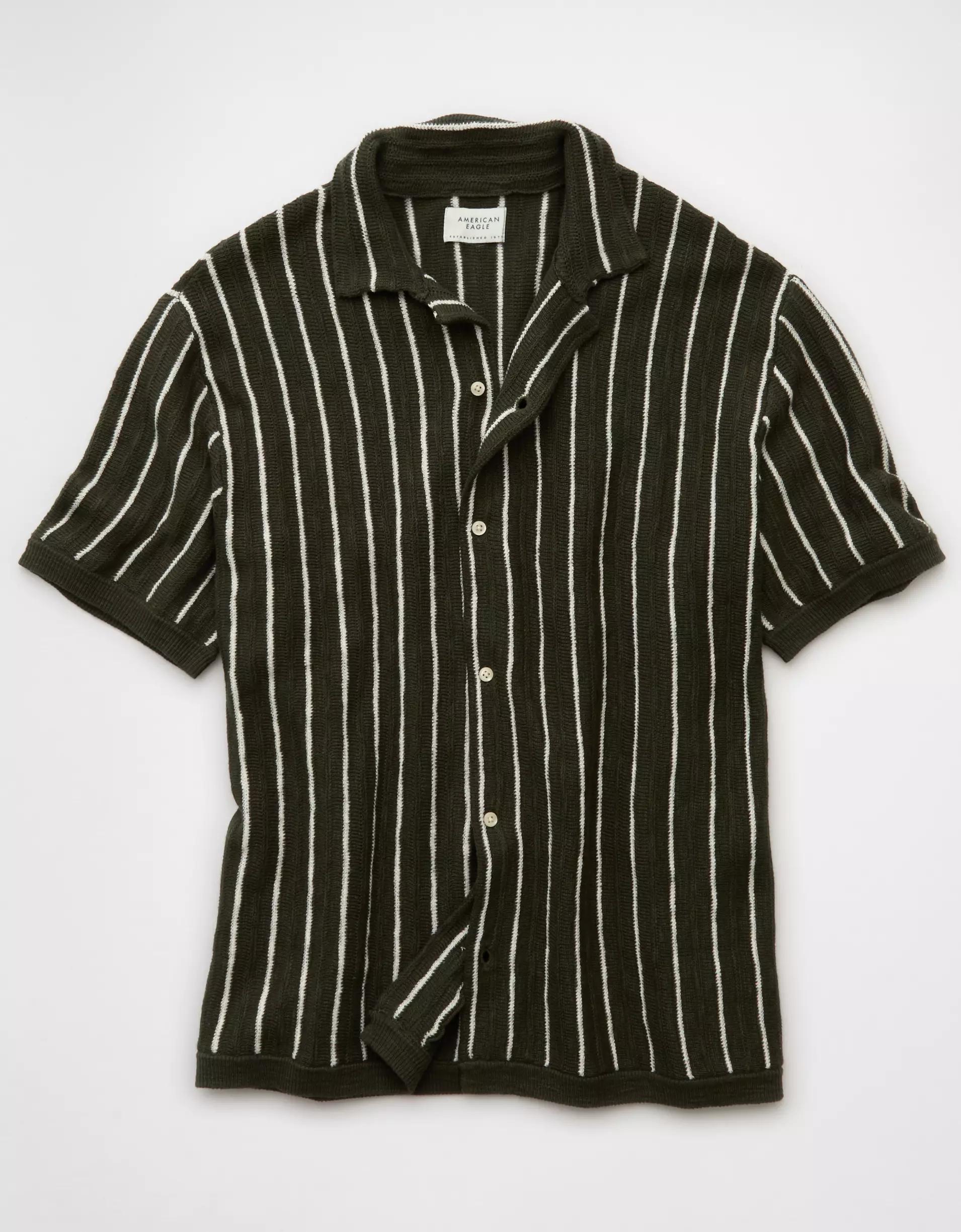 AE Weekend Pinstripe Button-Up Sweater Polo Shirt Product Image