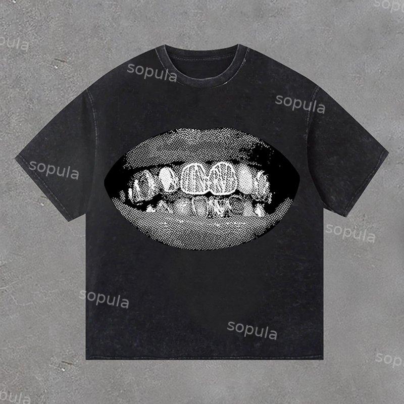 Sopula Men's Retro Unisex Lip Print Washed T-Shirt Product Image