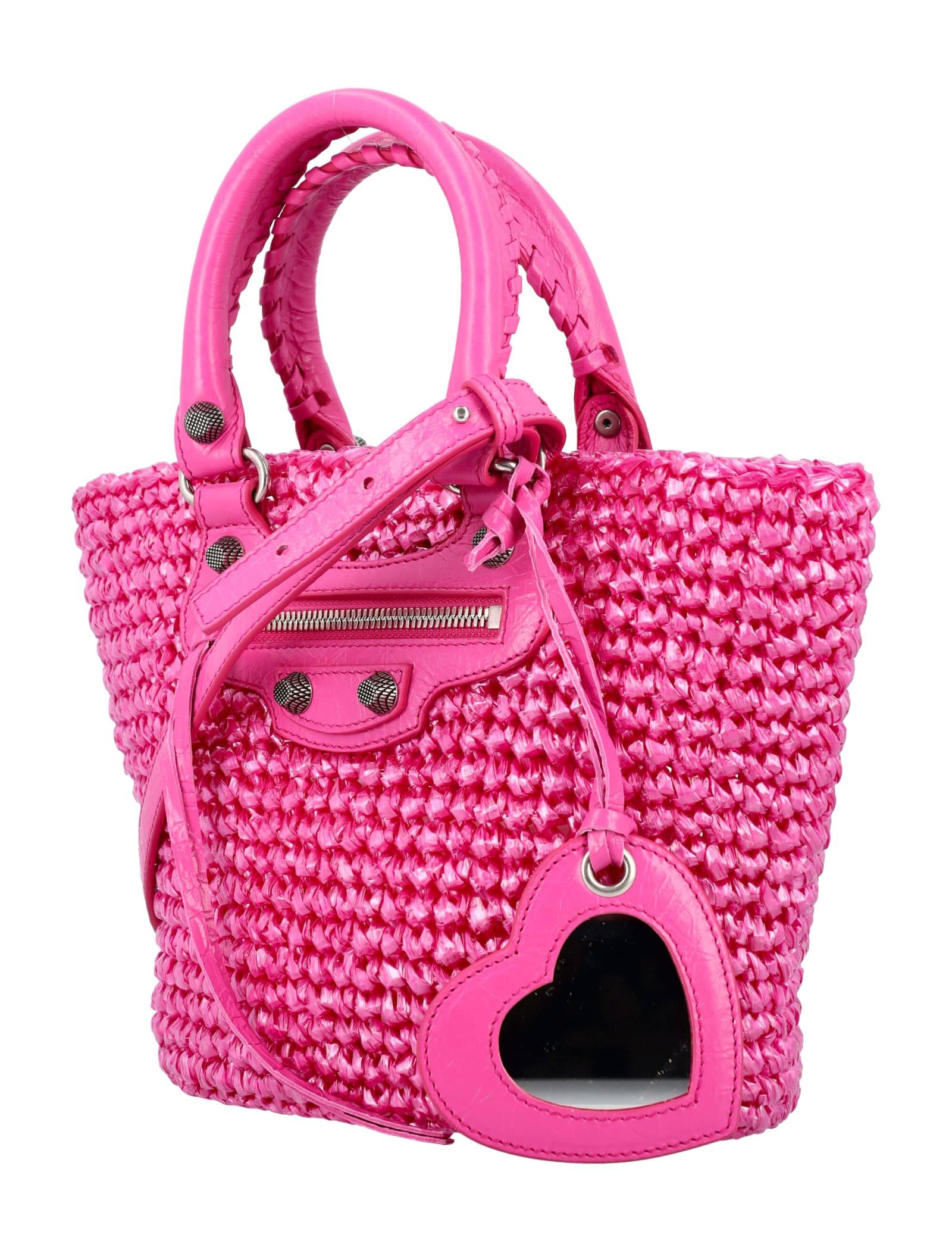 BALENCIAGA Women Fuchsia Raffia Small Le Cagole Panier Handbag In Pink Product Image