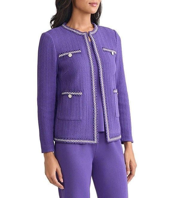 MISOOK Knit Round Neck Bracelet Sleeve Checkered Trim Jacket Product Image