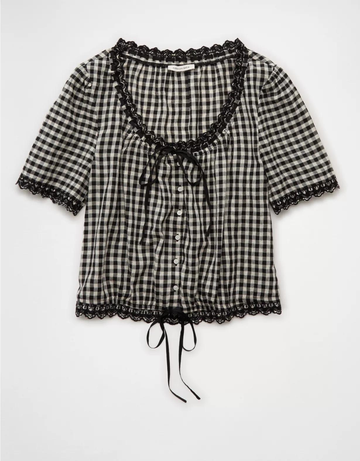 AE Short-Sleeve Gingham Button-Up Blouse Product Image