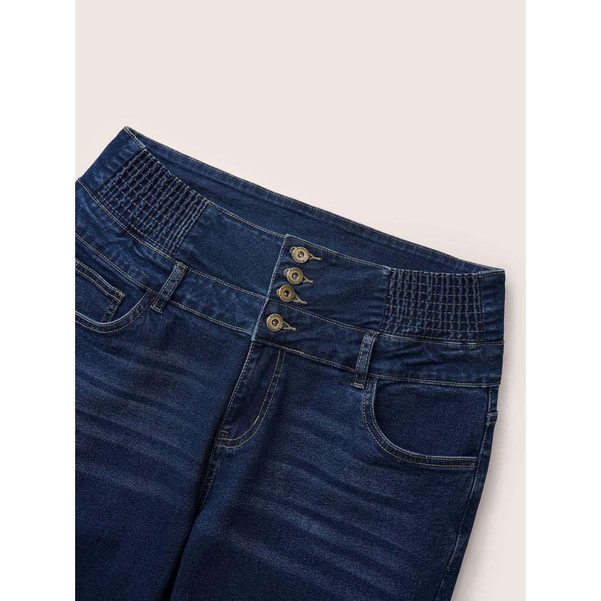 Plus Size Buckle Detail Shirred High Rise Jeans Women Indigo Casual Plain Non High stretch Slanted pocket Jeans BloomChic 22/3X Product Image