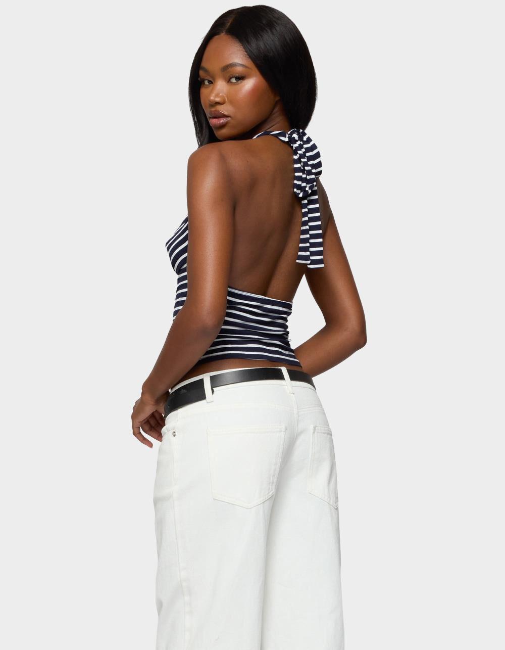 EDIKTED Striped Cowl Neck Halter Top - NAVY Product Image