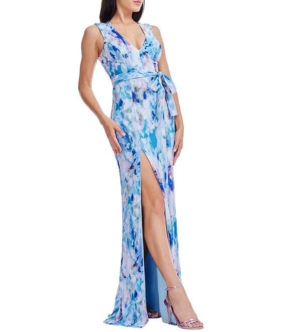 Dress the Population Sandra V-Neck Sleeveless Floral Printed Chiffon Front Slit Sheath Gown Product Image