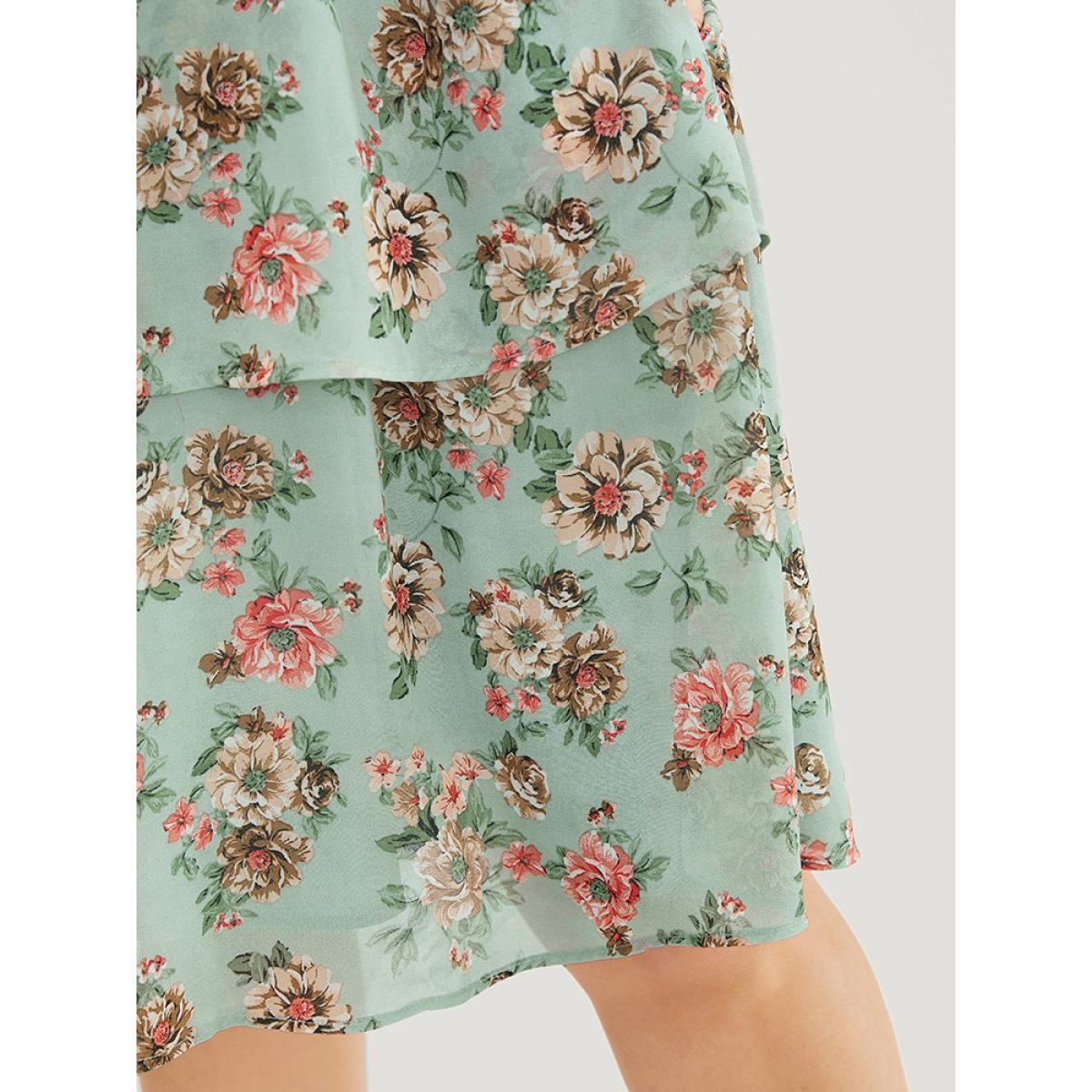 Plus Size Floral Pocket Ruffle Tiered Keyhole Knotted Halter Dress Mint Women Elegant Lined Halter neck Sleeveless Curvy Knee Dress BloomChic 14-16/1X Product Image