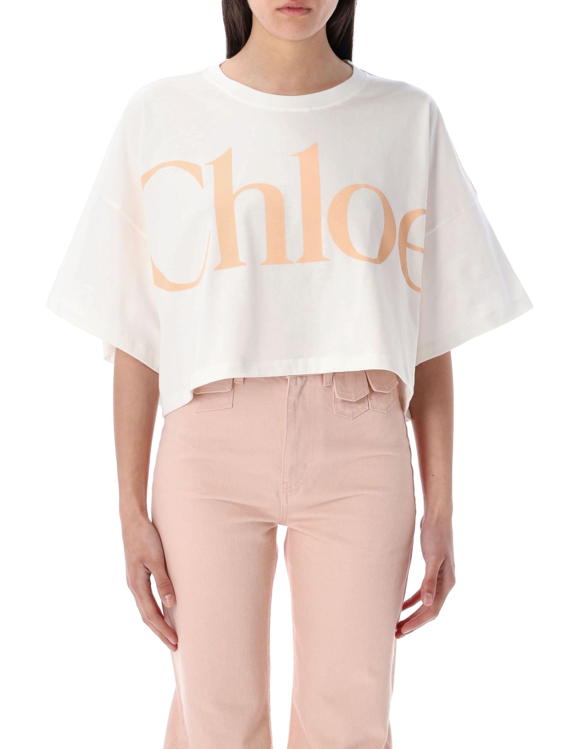 CHLOÉ White Cropped Crewneck T-shirt With Maxi Logo Print On The Front In Cotton Woman In Multicolor Product Image